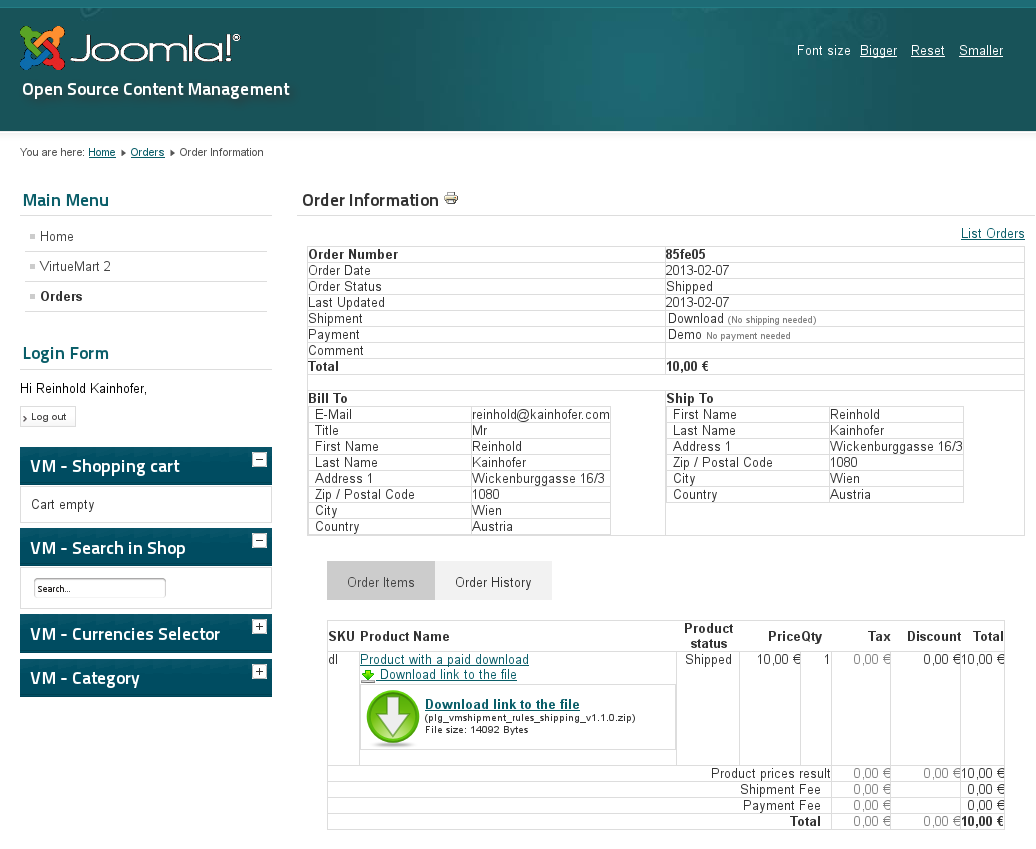 Download links in the Order views in the VirtueMart frontend